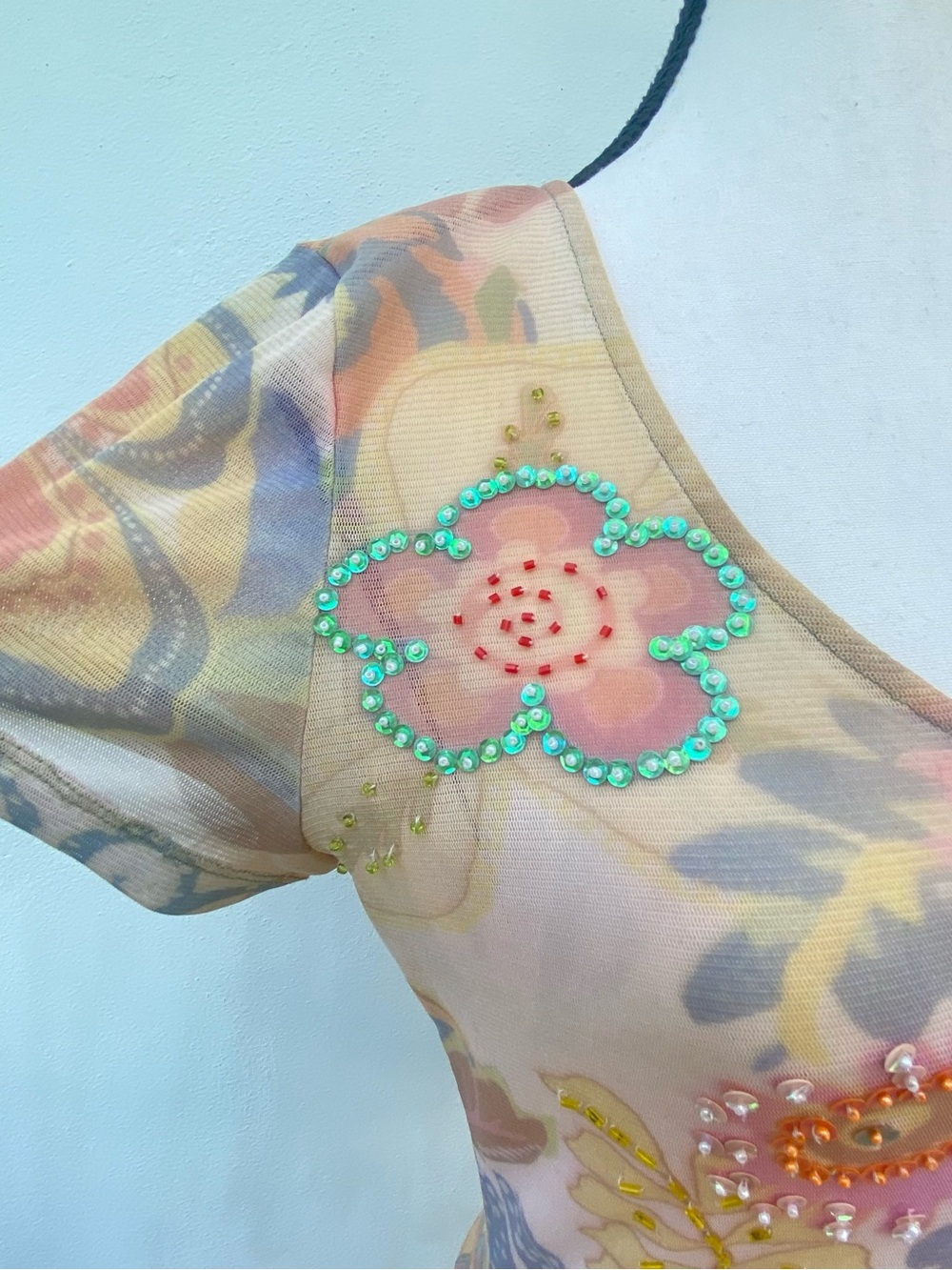 Y2K Orange Multicolor Beaded Floral Mesh Top Size Large - Picture 3 of 7